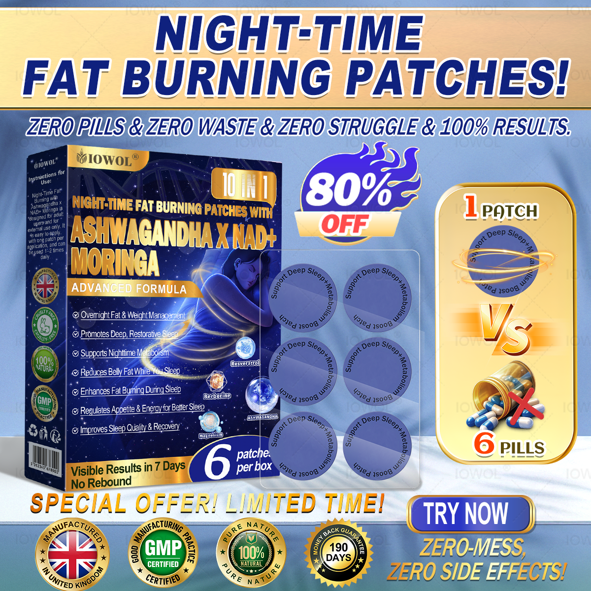 IOWOL ® NIGHT-TIME FAT BURNING PATCHES! ZERO PILLS & ZERO WASTE & ZERO STRUGGLE & 100% RESULTS